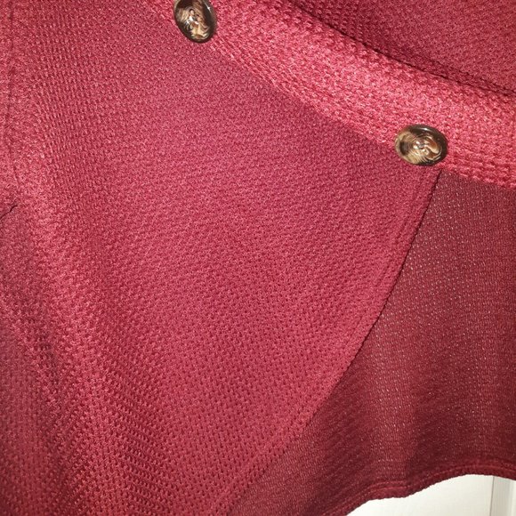 Deep Red Cowl Neck Asymmetrical Button Open Hemmed Sweater - Picture 7 of 9